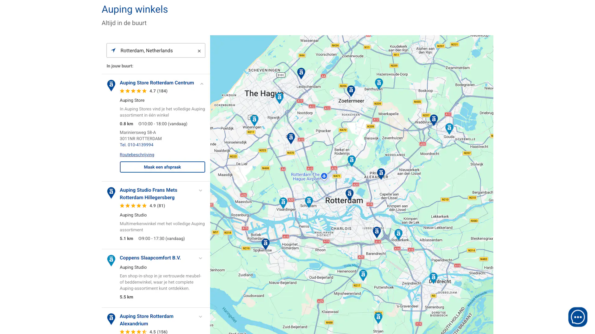 Auping store finder page