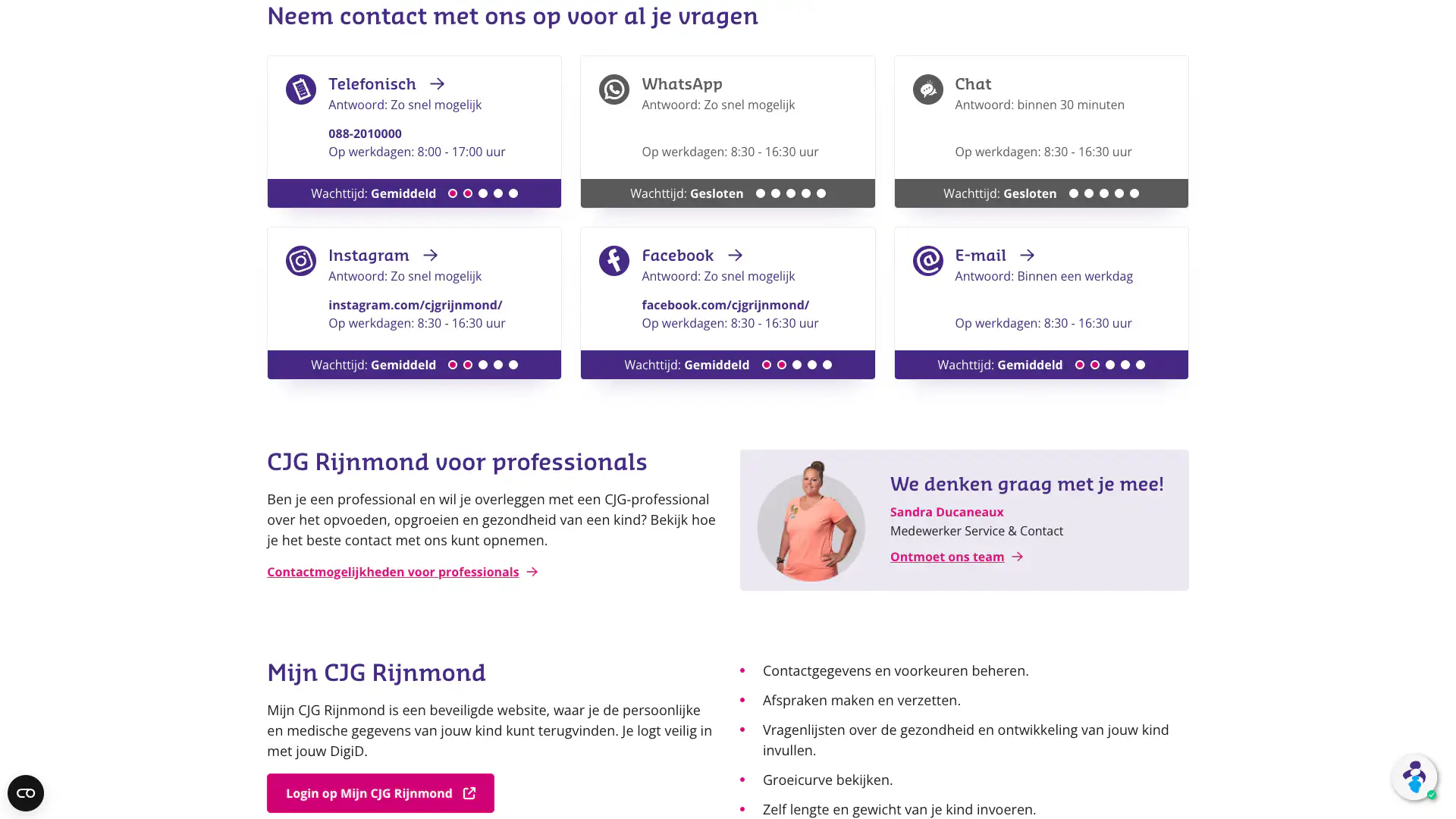 CJG Rijnmond contact page with channel overview