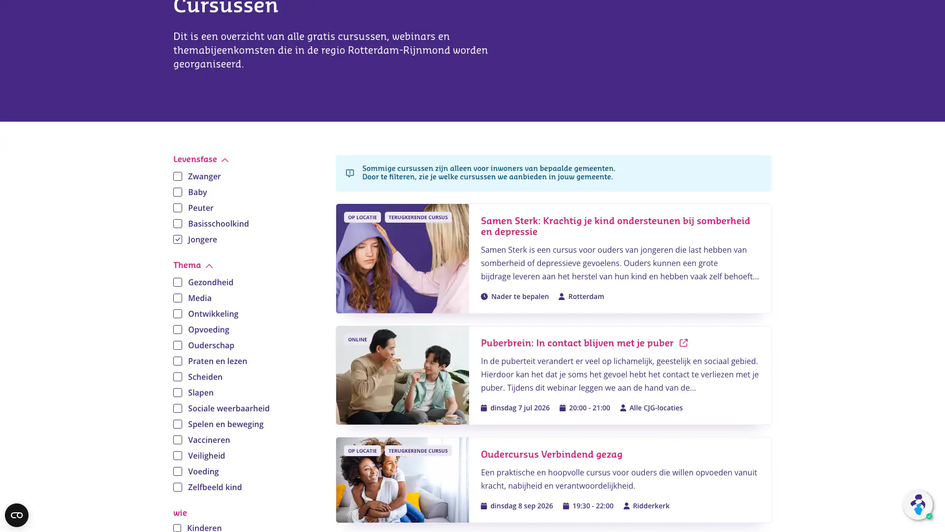 CJG Rijnmond courses overview page with filters