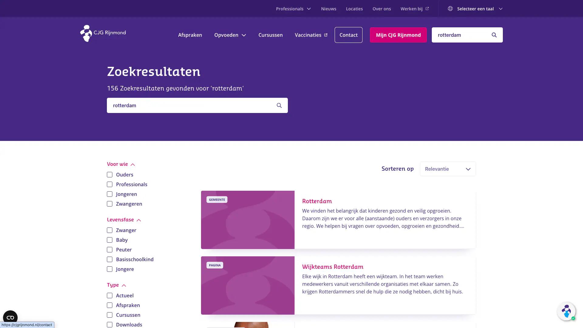 CJG Rijnmond search results page